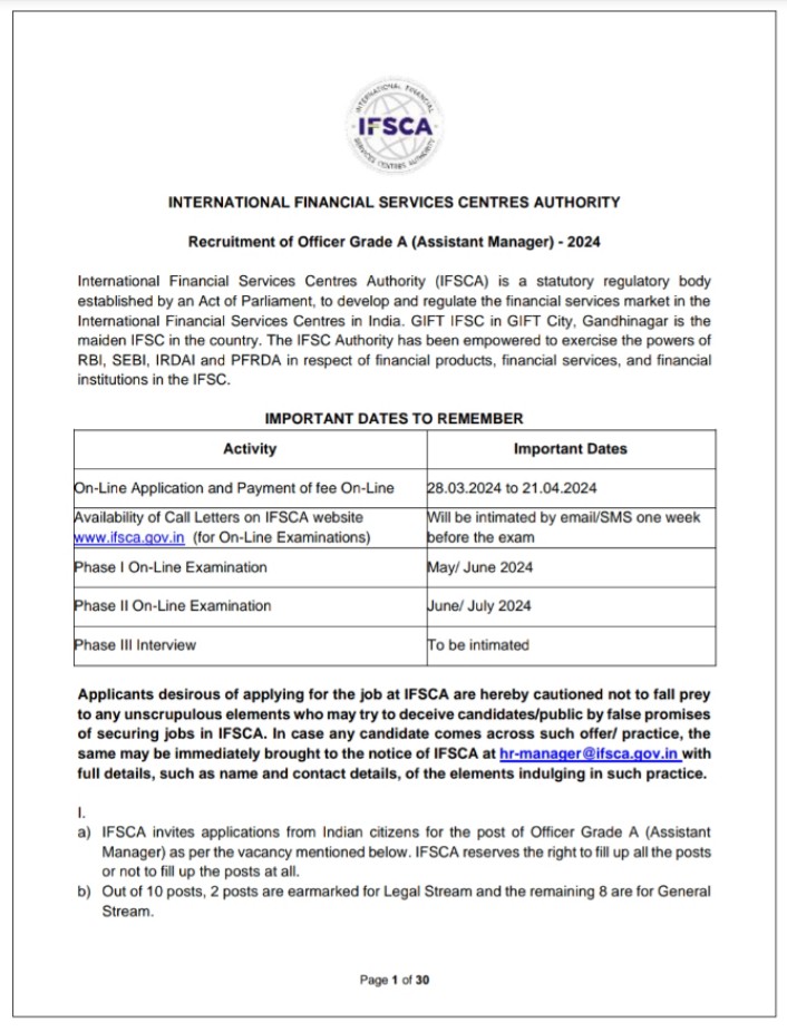  IFSCA RECRUITMENT 2024 2024 Notification 